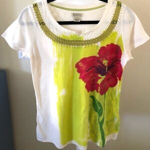 Lucky Brand White Tee with Red and Green Floral Design and Embroidery